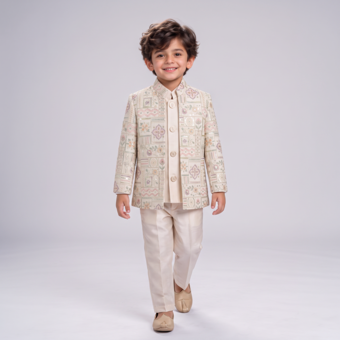 Elite Couture Boys' Cream Printed 3-Piece Indo-Western Suit Set – Wedding & Festive Wear
