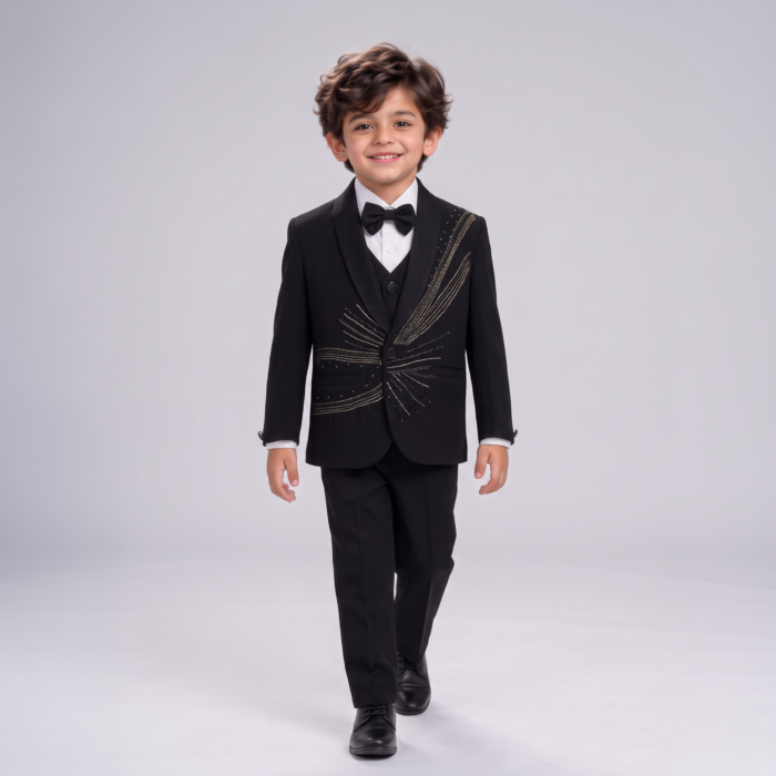 Elite Couture Boys' Black & Gold Embellished 5-Piece Tuxedo Suit Set – Wedding & Party Wear