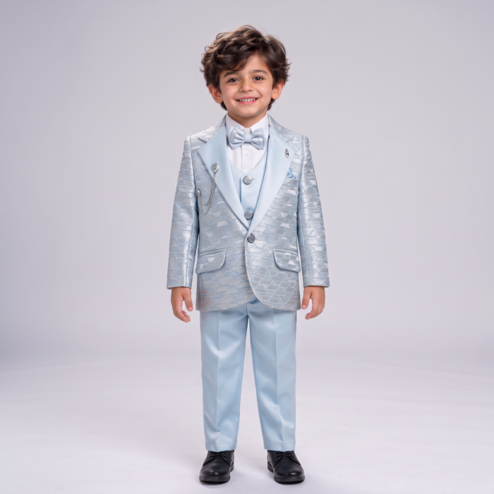Elite Couture Boys' Ice Blue Textured 5-Piece Formal Suit Set – Wedding & Party Wear