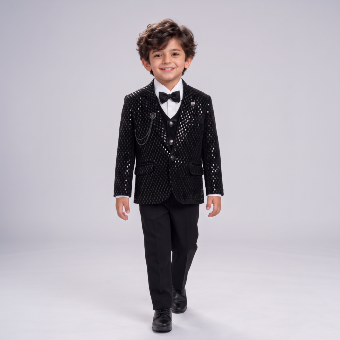 Elite Couture Boys' Black Textured 5-Piece Coat Suit Set – Wedding & Party Wear