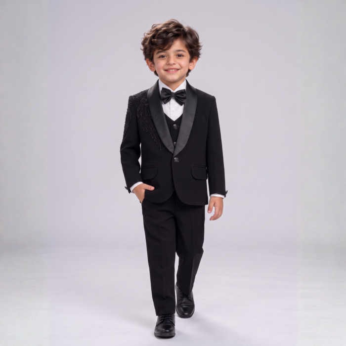 Elite Couture Boys’ 5-Piece Black Formal Suit Set with Blazer, Waistcoat, Shirt, Trousers & Bow Tie- Wedding, Festival & Party Wear
