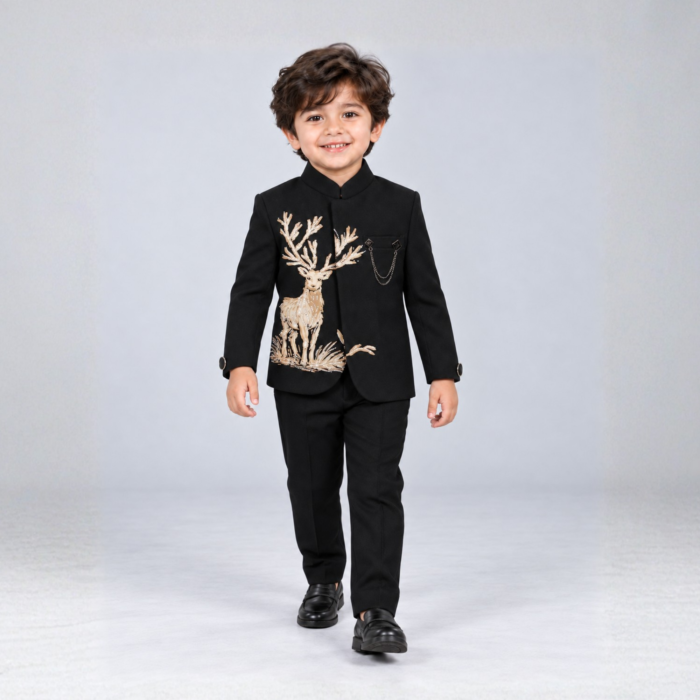 Elite Couture Boys’ Black Textured 2-Piece Suit Set – Formal Wedding & Party Wear