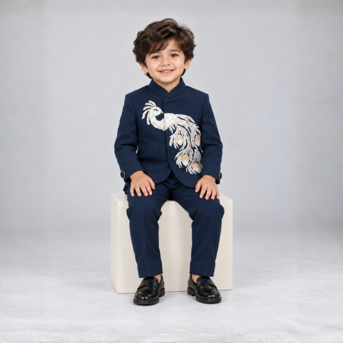 Elite Couture Boys’ Navy Blue 3-Piece Indo-Western Suit Set – Party, Wedding & Festival Wear